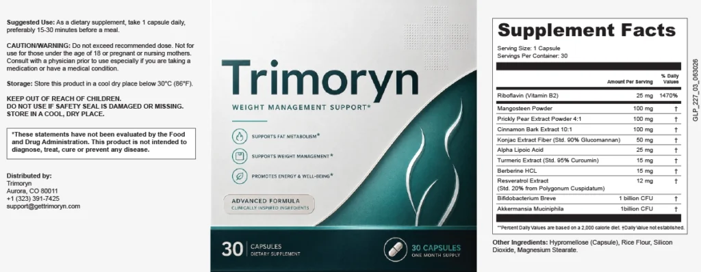 Trimoryn supplement facts label - berberine, cinnamon bark, alpha lipoic acid dosage